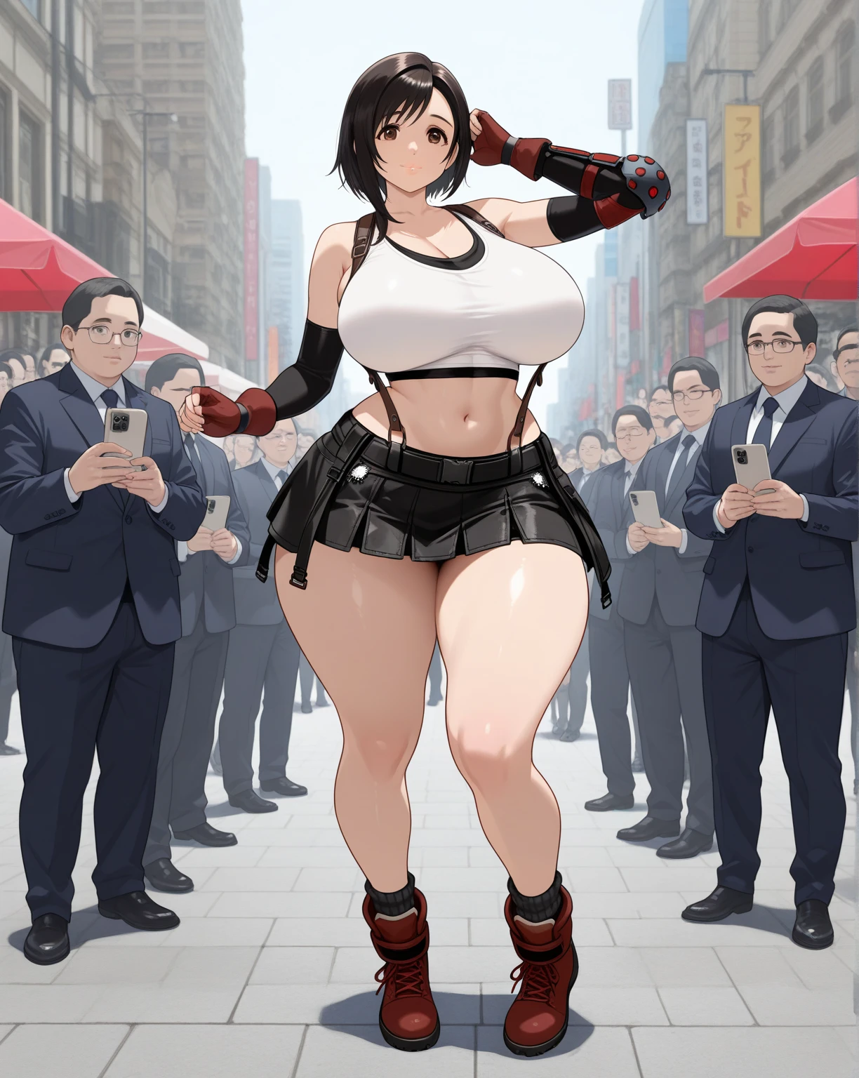 8k,masterpiece, bset quality,big, (1 girl), tifa lockhart, red_eyes, black hair, long hair, professional lighting, (shiny skin: 1.2), shiny big, ((best quality)), sharp focus: 1.2, highly detailed face and skin texture, detailed eyes, perfect face, perfect body, blur art, cg, background, Big with presence, 20yo, mature cool and beautiful face, wearing ((suspender black skirt), black elbow gloves, white taut shirt, thigh, white tank top), blush, (mittgal), random pose,