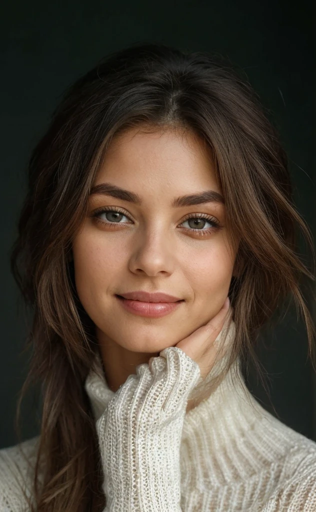 Beautiful brunette in a beige sweater, very detailed, 40 years, innocent face, big breasts, long hair, Natural wavy, high BROWN EYES, permission, masterpiece, Best quality, complex parts, very detailed, sharp focus, detailed skin, realistic skin texture, texture, detailed eyes, professional, 4k, Charming smile, shot on Canon, 85 mm, shallow depth of field, цвет Kodak Vision, perfectly toned body, Extremely detailed, Photo_\(ultra\), photorealistic, realistic, Post-processing, Maximum detail, roughness, real life, ultra realistic, Photoреализм, photo, 8K UHD, photo