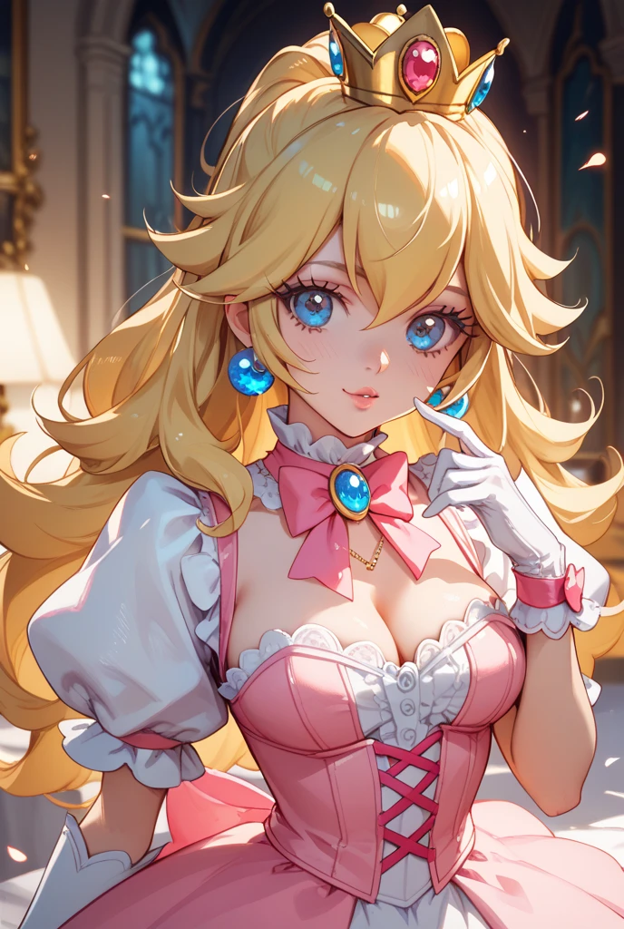 solo, masterpiece, best quality, perfect face, medium shot of a pretty fantasy princess wearing a sheer lace dress, tiara, cleavage, jewelry, wind blown skirt and curly hair, thigh garters and panties, intricate royalty, castle balcony