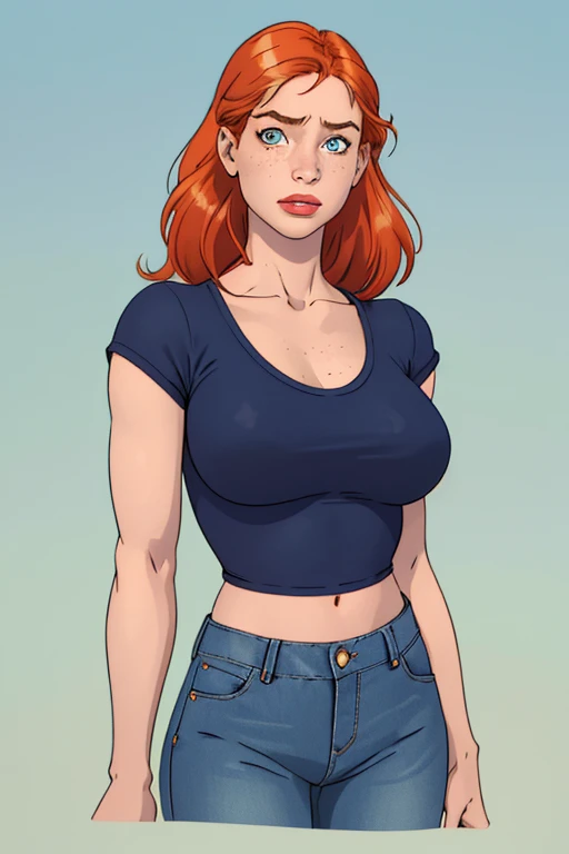 Brigid Brannagh, gorgeous mechanic, blank background, blue coverall, cleavage, no shirt, red pubic hair
