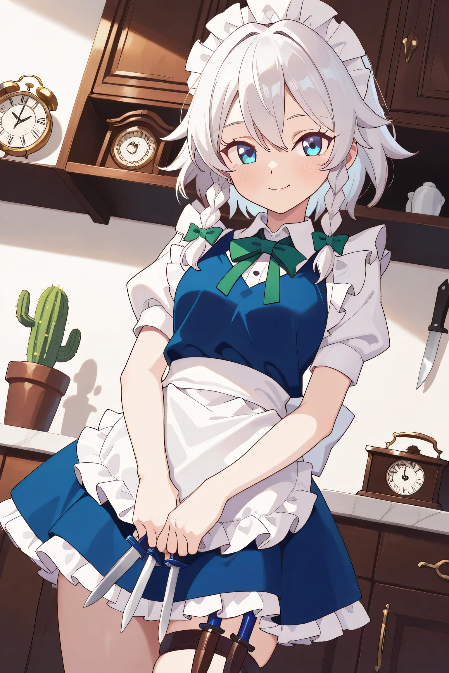 masterpiece, best quality, great quality, exquisite, beautiful quality, very exquisite, extremely exquisite, exquisitely exquisite, super exquisite, super high quality, super high resolution, beautiful face, exquisite face, exquisite eyes, beautiful eyes, clear eyes, exquisite knuckles, exquisite hands, beautiful hands, beautiful fingers, exquisite fingers, exquisite nails, beautiful background, exquisite background,
masterpiece, best quality, {best quality}, {very beautiful}, {super detailed}, {best illustration}, white night, (flying_style:0.25), ssambstyle:0.55), (meatball:0.75), cactus man:0.55), real, latest, uncensored, explicit, score 9, score 8 up, score 7 up, source anime, best quality, great quality, very aesthetic, best quality, great quality, very beautiful, absurd, best quality, masterpiece, 40s, dynamic angle (masterpiece, best quality, high quality, good quality) dynamic angle:1.2), voluminous lighting, bokeh, (masterpiece, high quality:1.2), best quality,
Izayoi Sakuya, 1 girl, ribbon, bow, clock, green bow, pocket clock, hair bow, clock, knife, Between Fingers, waist apron, short hair, frills, short sleeves, puffy short sleeves, maid head dress, holding, apron, holding knife, frilled apron, green ribbon, thigh length, braids, white hair, twin braids, maid, Yomomatsu Sodeko, blue eyes, dress, blue dress, maid apron, in the kitchen, gazing at the viewer, piercing gaze, very attractive, beautiful, sexy pose, sensual smile, best quality , masterpiece , super detailed , very aesthetic