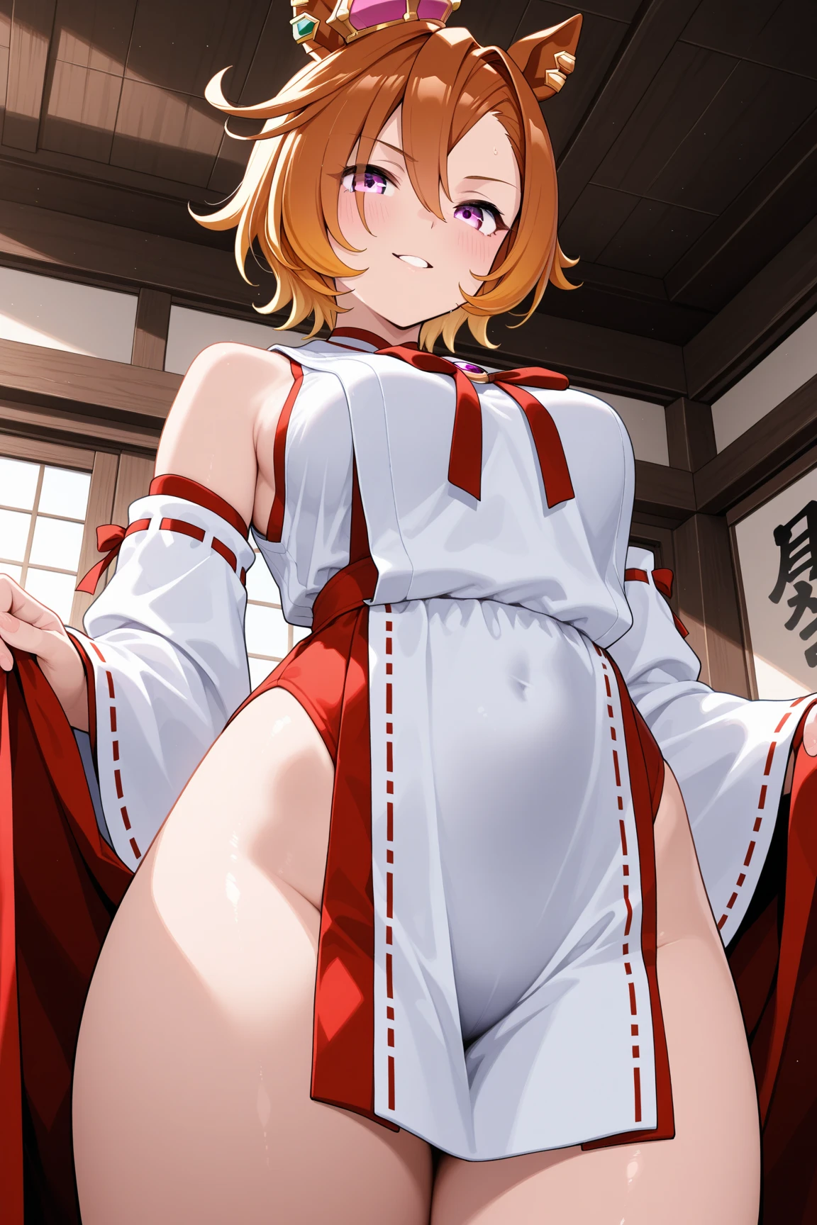 1 female、Golden Hair、Short Hair、Red and white outfit、(Fallen Angel)、((Estrus))、Lust、Fan、(Aggressively designed clothes:1.3)、Expose、Don't be shy、lure、Immerse yourself in pleasure、Ecstatic expression、Visible Breath:1.2、Sweaty、look down、Bigger breasts、Belly button、Shoulder Bare、Angel's wing、hair accessory、