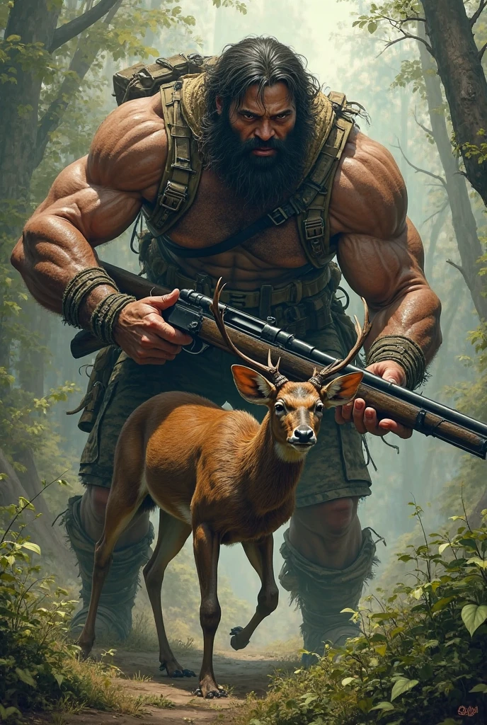 "An imposing mountain with steep cliffs and rugged terrain stands tall in the background. In the foreground, a majestic white horse stands strong, carrying an ape with a muscular build. The ape is holding a rifle, gripping it firmly in one hand while looking out into the distance with an intense expression. Beside the horse, a large, fierce-looking dog sits alertly, its gaze focused, as if guarding the ape and horse. The scene feels adventurous and dangerous, set against the wild natural beauty of the mountain."