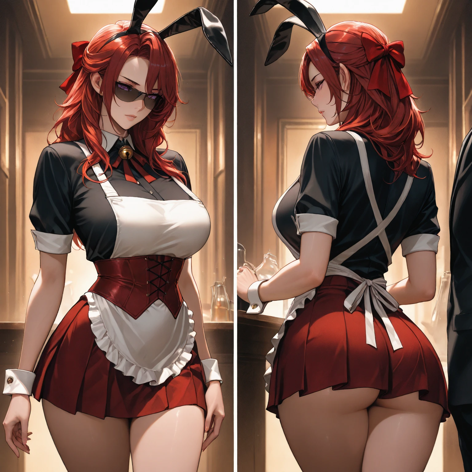 (masterpiece),((ultra-detailed)), (highly detailed CG illustration),(expressionless), (best quality:1.2),(1girl:1.2),High quality texture, intricate details, detailed texture, High quality shadow, a realistic representation of the face, Detailed beautiful delicate face, Detailed beautiful delicate eyes, a face of perfect proportion, depth of field, ((Lens Flare, Ray tracing)), perspective,20s , perfect body, (narrow waist:1.3), distinct_image, (lustrous skin), solo focus, (finely detailed beautiful eyes and detailed face), (streaked hair ), light source contrast, (pureerosface_v1:0.5) , (ulzzang-6500-v1.1:0.5), <lora:epi_noiseoffset2:1>, <lora:add_detail:0.5>, <lora:amily_goddess_of_luck:0.8>, amily_goddess_of_luck, 1girl, solo, short hair, red hair, floating hair, hairband, black hairband, bow, beautiful, grey eyes, lips, medium breasts, closed mouth, breasts, gloves, animal ears, fake animal ears, rabbit ears, standing, ponytail, shirt, white shirt, short sleeves, sleeves rolled up, pantyhose, black pantyhose, skirt, clothing cutout, black gloves, high heels, high heel boots, weapon, shoes, sword, high heels, knife, leotard, black leotard, playboy bunny, bridal garter, black footwear, gem, crystal, red gemstone, swept bangs, hind(back view:1.2), background(casino:1.7), ass(very big butt:1.8)