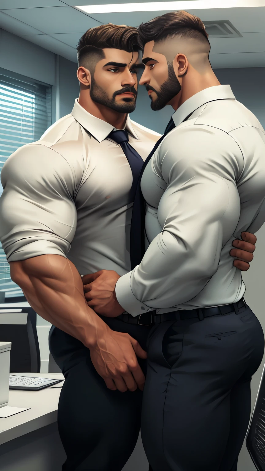 2 sexy tattooed black-haired twinks with semi-short hair and a lot of body hair, super strong with a lot of muscle., completely naked, They flirt inside the living room, sitting at their desks, they kiss, nervous, nakedness, They wear a tie and long white socks.
