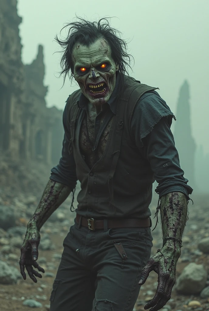 Zombie René rises on a desolate street, with the recorder in his hand. The scene shows ruined buildings and shadows of other zombies in the background