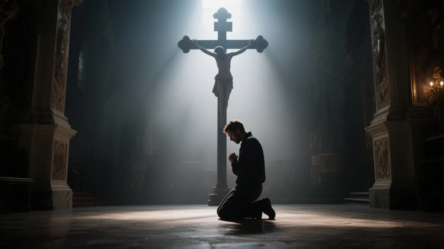 photo, a person sitting on the ground in front of a large cross (NecroChurch style:1) <lora:djzNecroChurchV21:0.8>