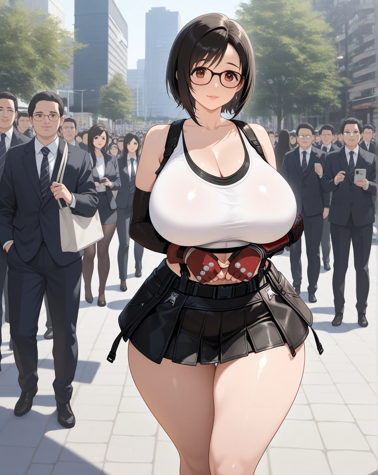 (ultra high res, ultra detailed, high resolution, highly detailed, 4k, 8k), an extremely delicate and beautiful, embarrass, embarrassed, (dark skin:1.5), (dark-skinned female, dark skin:1.5), <lora:è¤è²èã³ã³ããã¼ã« Dskin_v1.0:1.4>, sukebei leotard, red sukebei leotard, bare legs, covered navel, covered nipples, cameltoe, sideboob, microskirt on waist, microskirt, curvy, arms behind back, city, (crowd:1.2), public, hanging breasts, <lora:ãã¤ã¬ã°ã¬ãªã¿ã¼ã Tããã¯ã¬ãªã¿ã¼ã sukebei leotard-000059:0.8>, <lora:ãã¤ã¯ãã¹ã«ã¼ãmicroskirt_v0.2:1>, <lora:å
Œ
± åçå®¶public_v3.0-locon:1>,