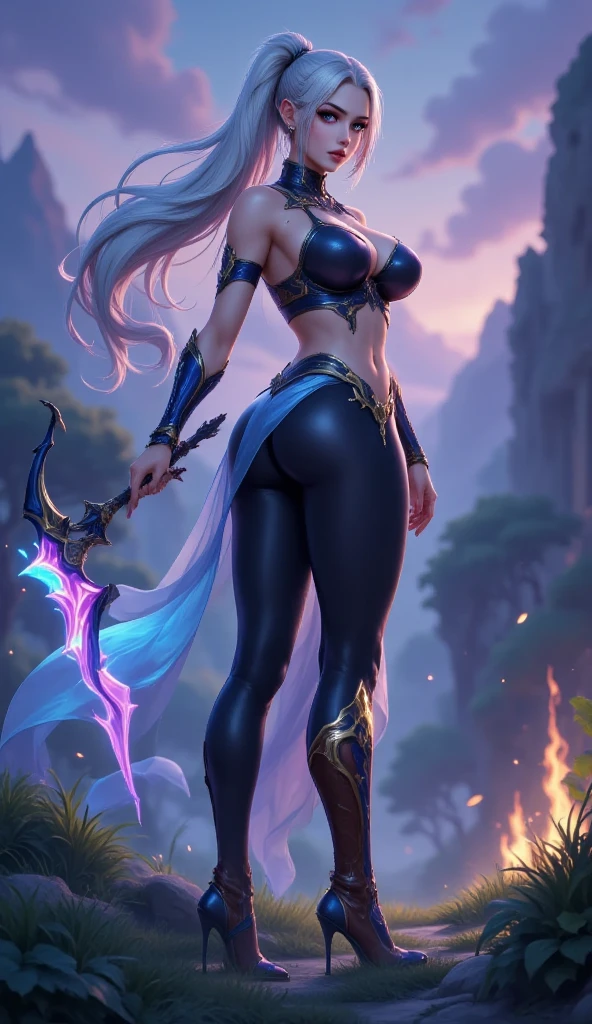League of Legends((Katarina)), Katarina, beautiful female assassin, ((Realistic)) and watercolor drawing of a girl with goth colors. She's having ((Ruby hair)), dressed in (black colored leggings:Star motif ), ((Beautiful and aesthetic)), There is a stab wound in the right eye, muscular fit body abs, ((There is a tattoo on the waist)), Sexy, Long legs，under-boobs, ((full bodyesbian)), There is a dagger next to the thigh, There is equipment on long shoes, Hot, (star filled sky background) (Clear background:1.35), (Particle, Firefly, blue glowing):1.3, hyper HD, A high resolution, Stand up，Complete body, Full body shot, in a panoramic view, full bodyesbian, Complete body, Gothic art, ((Best quality)), High details, High quality, Best quality, 8K