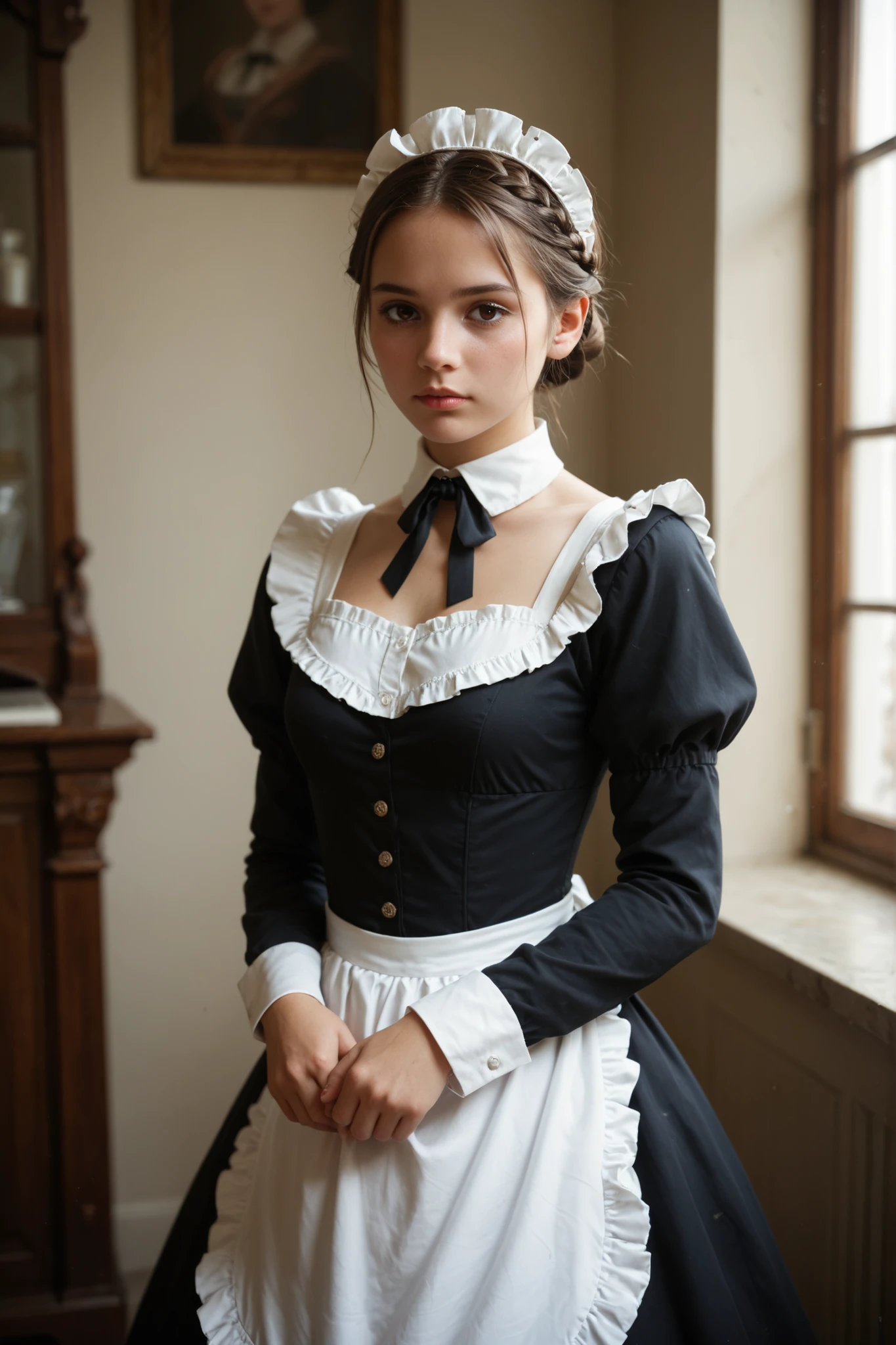 photo of S165_AleksaSlusarchi, a stylish woman, as a (maid:1.25), (8k, RAW photo, best quality, depth of field, ultra high res:1.2), (absurdres, intricate, photorealistic, masterpiece, ultra-detailed:1.3)
