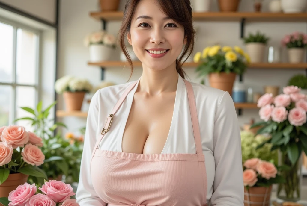 58-Years-Old,Female Store owner, Japanese Mature Woman, Wearing Casual uniform, wearing bra, Realistic Ultra Gigantic Breast,realistic wrinkels body,realistic wrinkels on breast, Breast About to Burst out, PP cup Breast, Seducting Look, Lustful smiling, standing behind counter.
