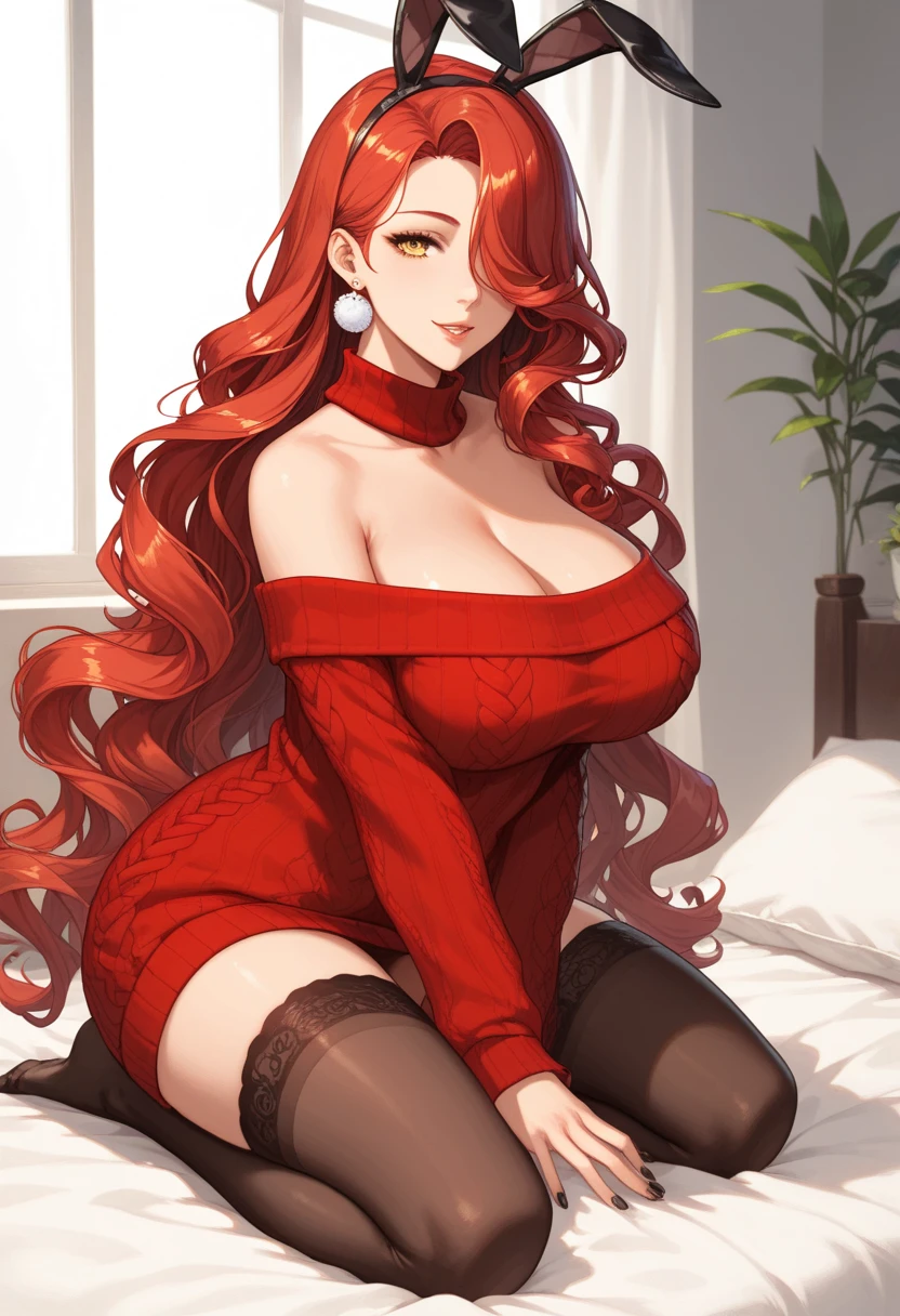 A red haired woman with red eyes and an hourglass figure in cute pajamas is sleeping on a bed