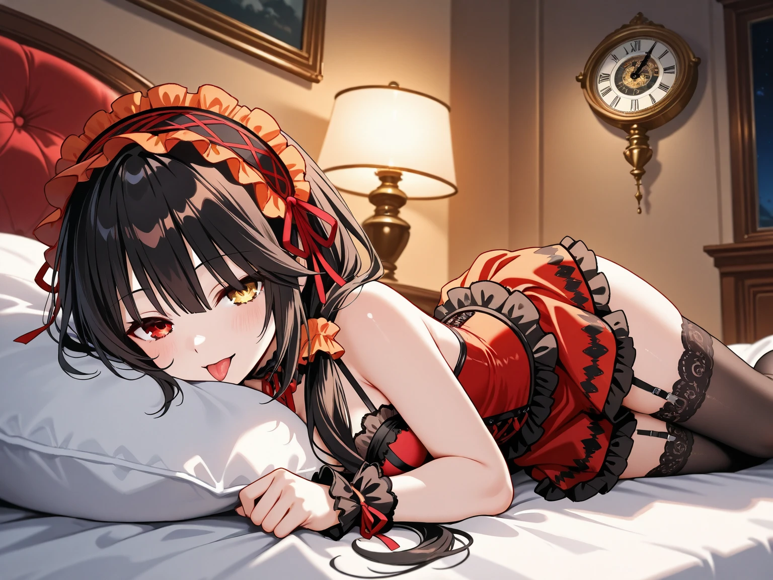 Lying down,bed,Blushing,View your viewers,Open Mouth Smile,Face close up,KurumiBase, (clock eyes), heterochromia, twintails, hairband, red dress, frills, detached sleeves, frilled choker,white background,best image quality,highest quality