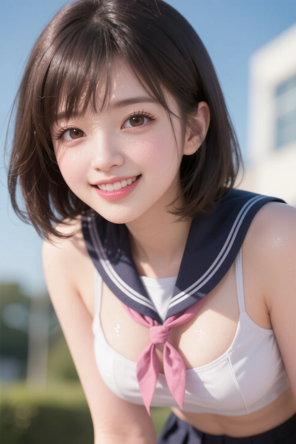 (One Girl), Very cute face, Great face and eyes, (Highly detailed eyes, Highly detailed face), Fresh, Very beautiful appearance, (Ultra-realistic, High resolution), (highest quality:1.4), RAW Photos, (Realistic, Realistic:1.37), Professional photography , (Wet and see-through sailor uniform:1.1) , Smile a little, (look at me) , Portrait of a Girl , (gigantic breasts:1.3) , (((15 years old))) , (short hair:0.9) , (wavy hair:1.3) , (Nipples visible through sailor uniform:1.3) , (Pussy juice:1.3) , (Please tilt your head a little) , Perfect nipples , ((Nipples are light pink )) , ((light pink areola)) , (Put your arms behind your head:1.3) , (The man is licking her nipples:1.4) , (sweating cleavage:1.2) , (sperm on her breasts ) , (small nipples) , ( one hairpin )