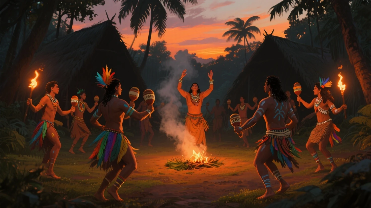 Group of indigenous and white men and women all dressed in clothing around a bonfire with their hands raised and thanking the medicines of the forest with a glass bottom 