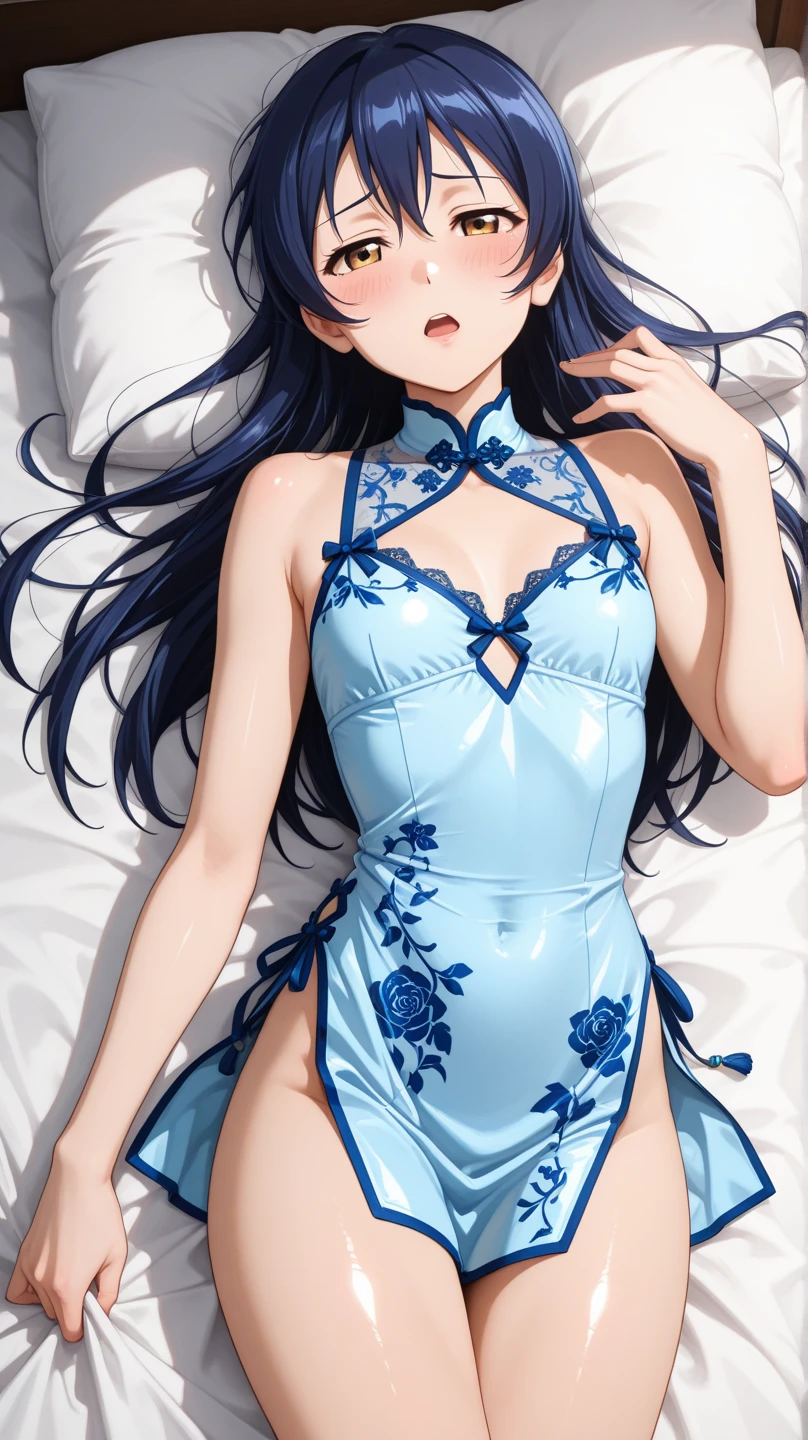Karen Minazuki, Karen Minazuki , Ultramarine Hair, bangs brushed to the left, dark blue eyes, dark blue hair, thick eyebrows, slim body,(tiny breasts), (small breasts),(slender) , shy smile , erotic smile , break Blue Transparent_Cheongsam,clothing cutout,(see-through:1.2) , break looking at viewer, break indoors, bedroom , cowboy shot, her cheeks are slightly reddish break (masterpiece:1.2), Highest quality, Artgerm,anime, High resolution, unity 8k wallpaper, (figure:0.8), (Beautiful attention to detail:1.6), Highly detailed face, Perfect lighting, Highly detailed CG, (Perfect hands, Perfect Anatomy),