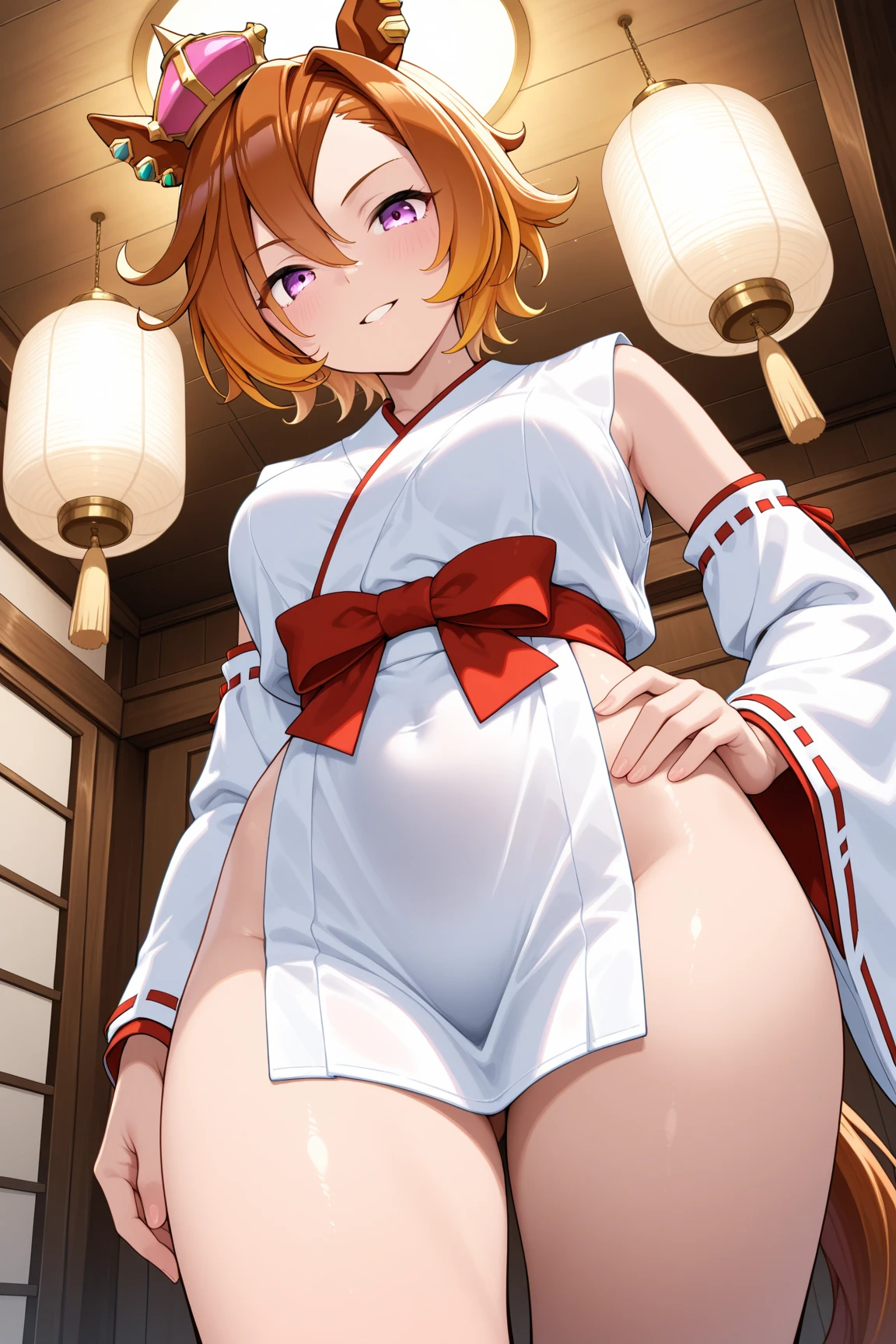 ((1girl)),((alone)),ogata rizu,(masterpiece), (best quality), (ultra detailed), (best illustration), (best shadow), (absurdities), sharp focus, cowboy shot , dynamic posture looking at the viewer, big breasts, narrow waist, wide hips, wide thighs, round butt, erotic, romantic, (very detailed eyes, lips 1.1), very detailed eyes, eyes, Very detailed face, Very beautiful face, height full, beautiful slim figure, femininity, expressive appearance, elastic big breasts, increased sexuality, orange hair, short hair, Japanese clothing, kimono, floral print, long sleeves, hair flower, hair ornament, bare legs, short stature , glasses, half-rimmed glasses, red-rimmed glasses, under-rimmed glasses, defined body, perfect and beautiful body, perfect and beautiful, , closed mouth, calm expression, blushing, (sexy pose: 1.2), ((solo)) , standing: 1.3, outside, cityscape, japanese festival, streets, night, fireworks, looking forward, ((focus on thighs)), point of view (from below), red blush, perfect anatomy, perfect hands ,