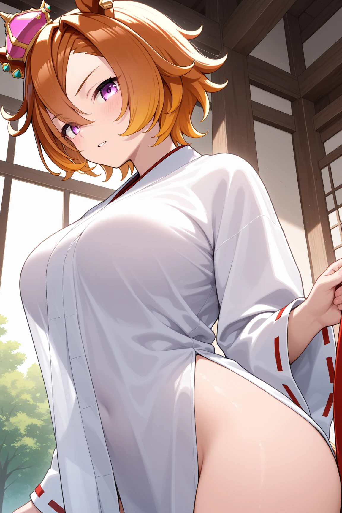 (masterpiece), (highest quality), ((Super detailed))、(super delicate)、Cute naughty martial artist、Pastel colors hair、(large breasts:1.2, Thighs:1.2, thick legs:1.2, curvy:1.2)、Gorgeous、yellow orange hair, (undercut, short two side up, short hair:1.2), (naked:1.4), standard height, (laughing、blush:1.2, grin, fang:1.2), punching at viewer