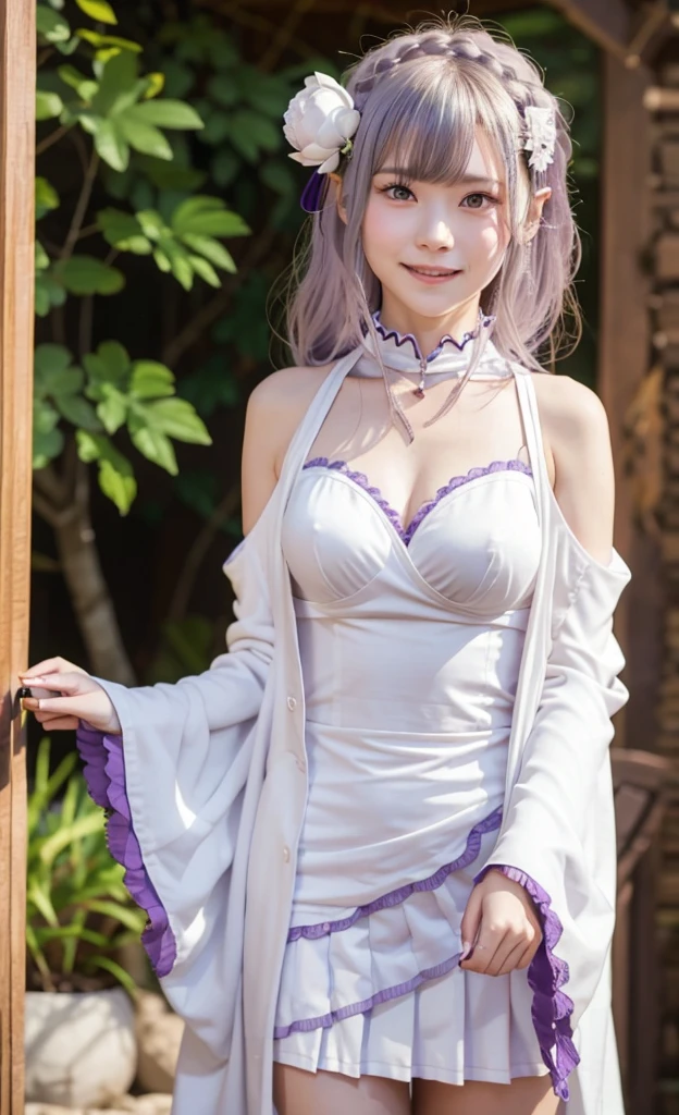 nsfw, sexy stylish Thai model, only 1 female, ((doll-like appearance)), short purple stylish hair, shiny Victorian-Style boots, beautiful smile, ultra detailed eyes, vivid eye makeup, lipgloss, long lashes, defined eyebrows, ((sexy Paradise Kiss cosplay)), bell-shaped skirt, petticoats, high neckline, puffed sleeves, ((ultra detailed lace)), ((ultra detailed embroidery)), intricate details, Paradise Kiss accessoires and matching headpiece, choker, ((large sparkling Paradise Kiss jewelry)), cinematic light, detailed large park background with trees 