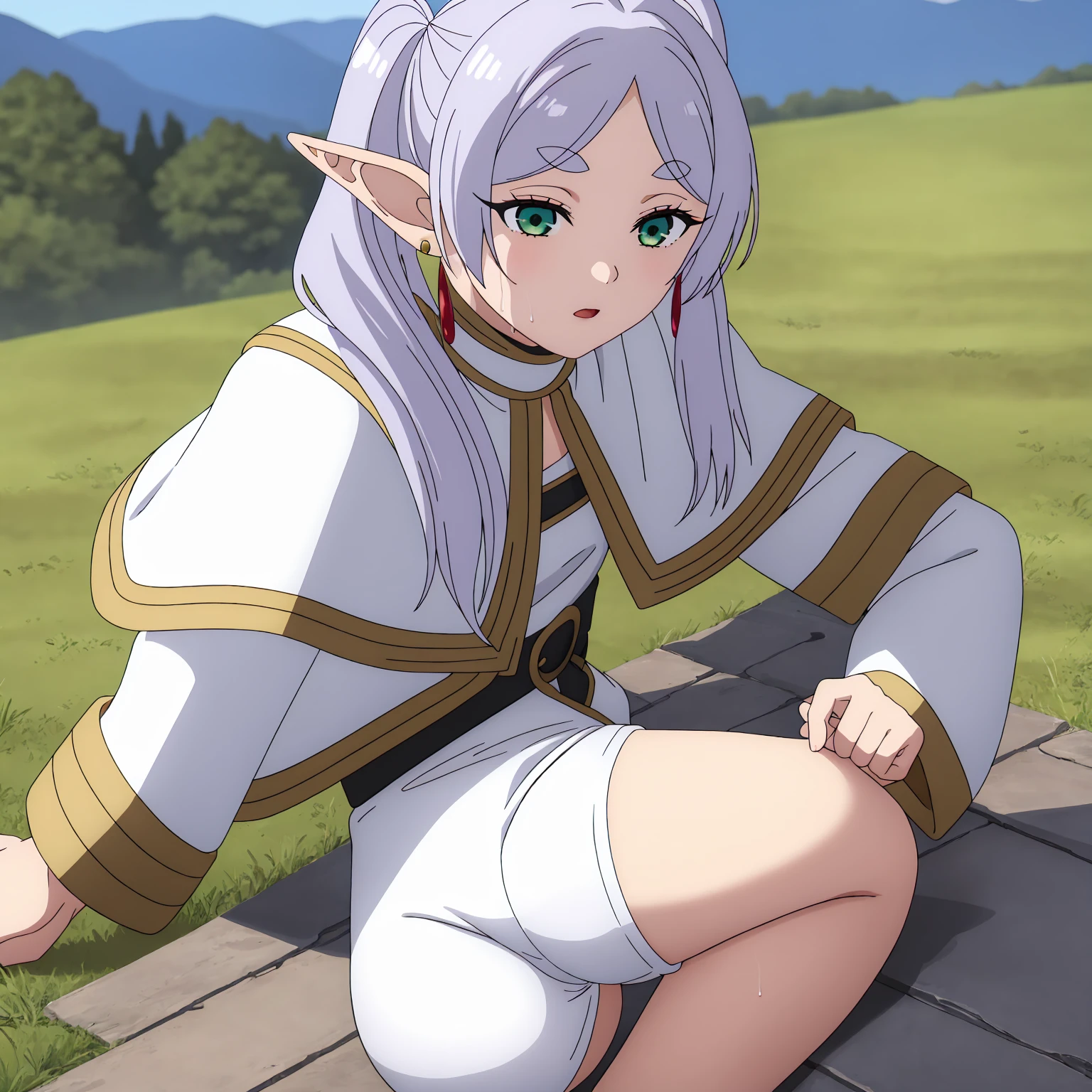(Best quality, masterpiece), One, lies,1 elf girl, spreads her legs, waist bag, skirt, 15 years, tights, white panties, long boots, Whole body