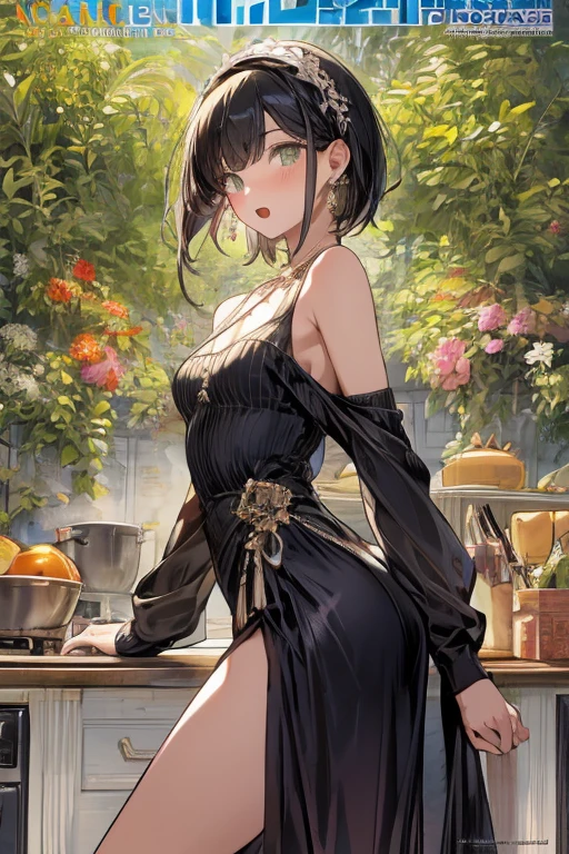 score_9, score_8_up, score_7_up, 1girl, solo,Yor_Briar, red_eyes, black hair, long_hair, single_hair_bun, sidelocks, medium_breasts, gold_hairband, hair_flower, earrings, strapless_dress, black_dress, fingerless_gloves, black_thighhighs, bare_shoulders, standing, holding a wine cup, wine, shocked eyes, looking at you, ballroom