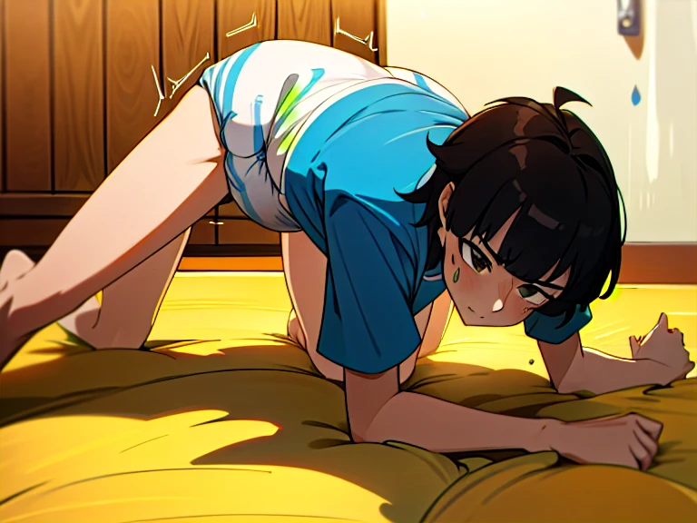 no panties, topless, cum dripping from her mouth, 1 girl, dark skin, green tones, tiny micro skirt, curved back, closed eyes, seeing her from below, on all fours on bed, visible vagina, visible breasts