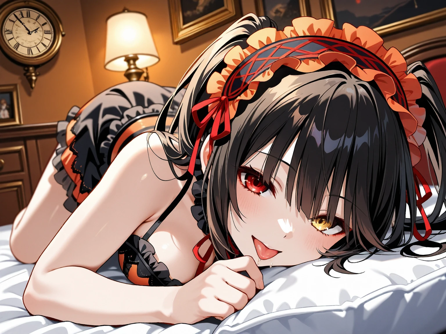 Lying down,bed,Blushing,View your viewers,Open Mouth Smile,Face close up,KurumiBase, (clock eyes), heterochromia, twintails, hairband, red dress, frills, detached sleeves, frilled choker,white background,best image quality,highest quality