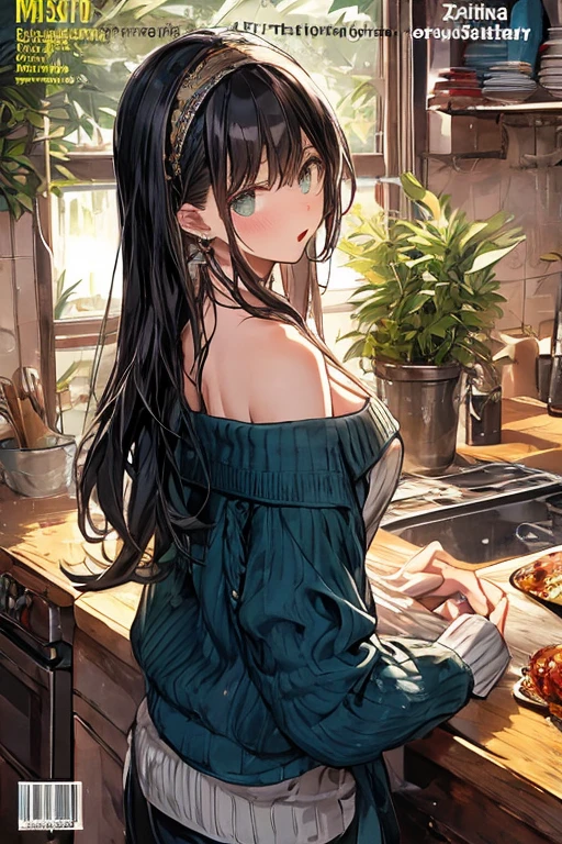 (small breasts:1.3), (perky chest:1.1), (pointed chest:1.0), (Pudding cake magazine cover:1.3),(from above:1.0),(from side:0.9),masterpiece, 1girl, Amazing Cleavage:1.1, thin waist, big ass, Raised sexy, small breast: 1.3, posed cleavage:1.2、solo, looking at viewer, open mouth, have a cute grass of cute beergrass,black hair, dark green eyes, dress, bare shoulders, jewelry, collarbone, sidelocks, hairband, earrings, indoors, off shoulder, :o, sweater, arms behind back, plant, short hair with long locks, gild hairband, off-shoulder dress, sweater dress, off-shoulder sweater, red sweater, dark gord hair, big side hair, very long side hair,is rendered in (masterpiece: 1.2, best quality), with (ultra high resolution) and an exquisite (depth of field). This masterpiece is not only visually stunning but also tells,A scene of cooking in the kitchen by classroom