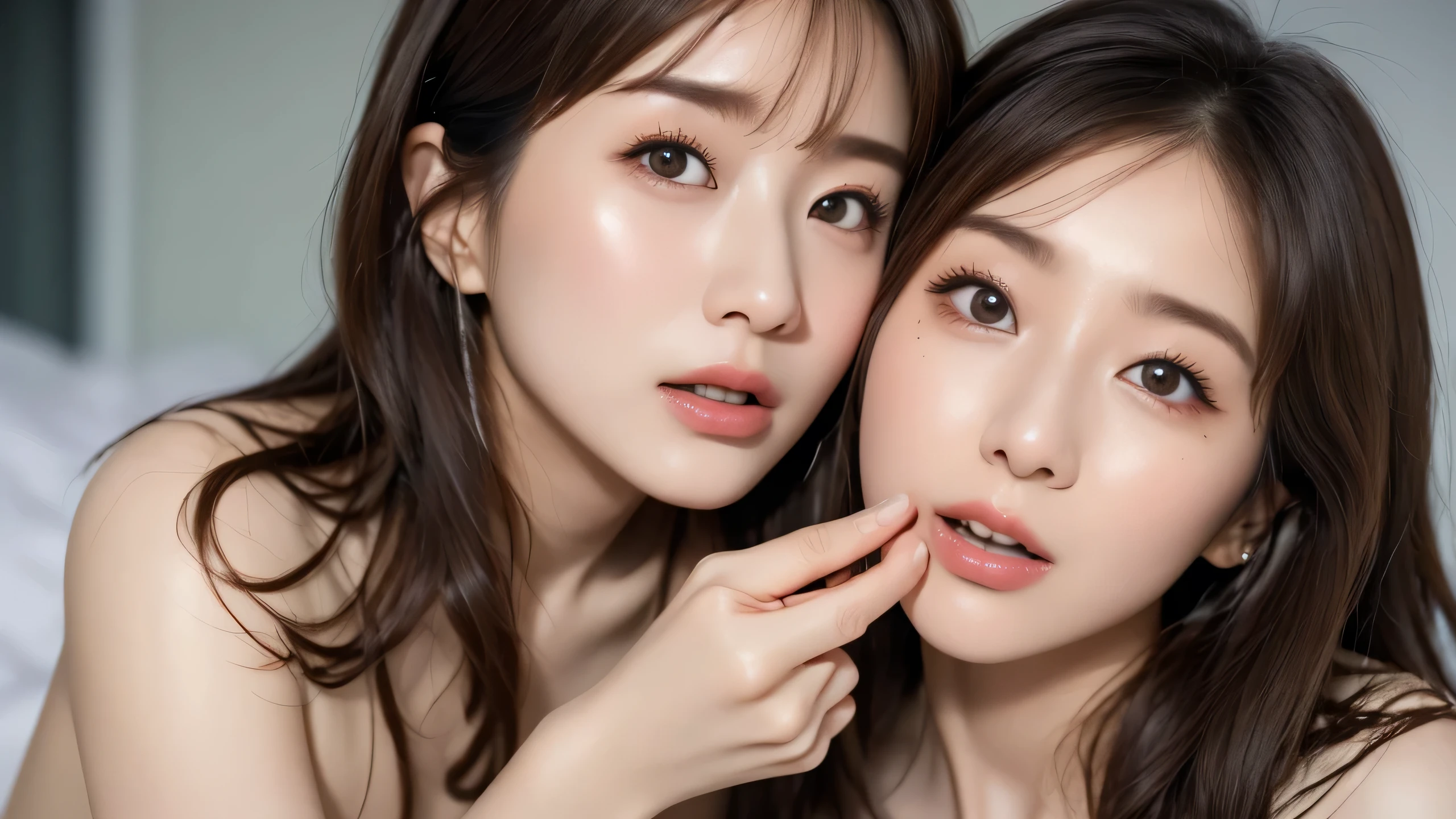 Highest Quality,8K, very detailed, in fine detail, high resolution, 8K wallpaper, One person、Up of a Face Seducing a Man Naked by Opening Her Mouth on the Bed、, 、Face Seducing a Man by Opening Her Mouth、
