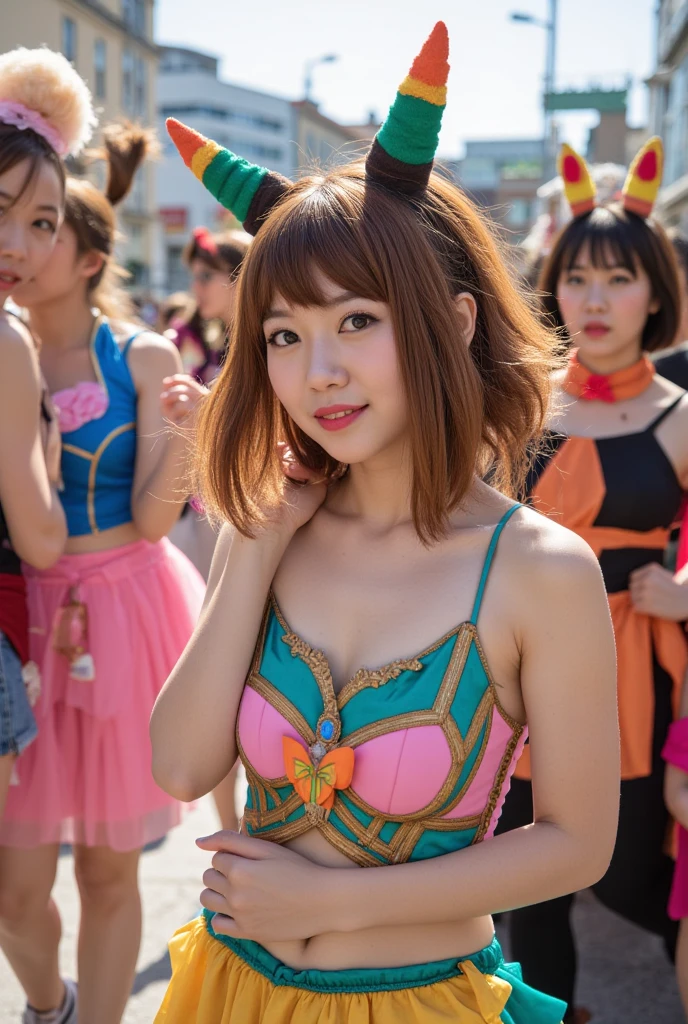 Highest quality, Official Art, masterpiece, Fabric Shading, High resolution, Very detailed, colorful, Best details, High leg samba micro costume:1.5, micro bra:1.9, 1 female, Age 25, Brown Hair, Medium Hair,Big Ass:1.9, {{{{{Dancing vigorously in the parade:1.9}}}}}, A bustling boulevard, sunny, skinny, {{Surrounded by a bunch of male photographers:1.9}}, She is being photographed by many male photographers.:1.7, A blizzard is falling, Blessed, welcome:1.5, Camel Toe:1.9, Ground level shot:1.9,wearing samba dance dress, carnival, comiket_cosplay_Hiroba, comiket_cosplay, N4
