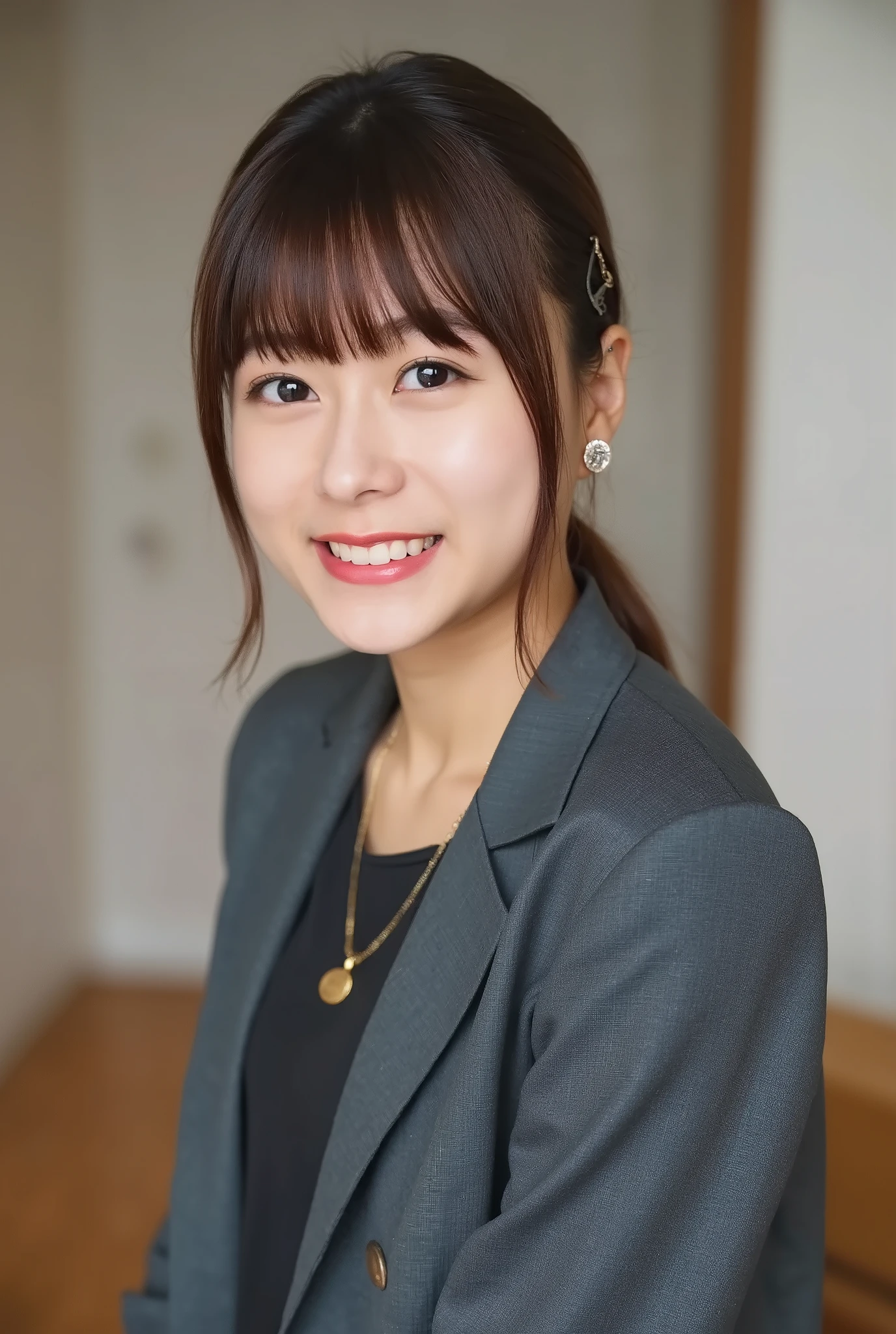 A neat and clean young woman、office lady suit、jacket、shirt、necklace、and look at the camera、、 濃いアイシャドウ、、 smile showing teeth、歯茎が見える、ネックレス、ear piercing、upper body、Background is in a room、