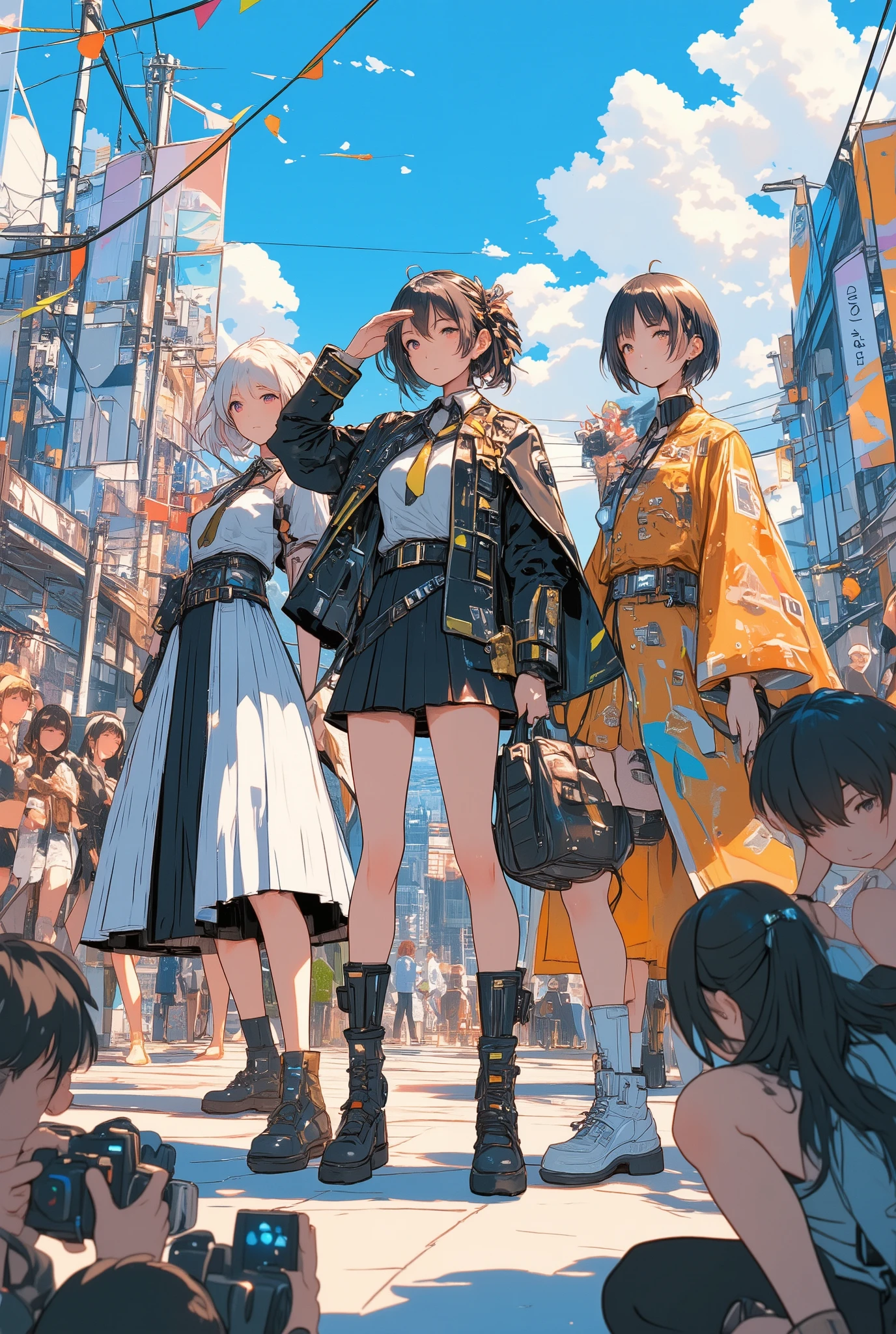 a group of three anime-style girls posing confidently in unusual school uniform cosplay at an outdoor cosplay event,
their outfits are creatively reimagined school uniforms: one with a long asymmetrical sailor jacket and pleated skirt with neon accents,
another wearing a military-inspired blazer with a cape and tech-style accessories, and the third in a kimono-sailor hybrid uniform with embroidered patterns,
they are surrounded by a crowd of photographers taking pictures, flashes going off and excited expressions all around,
each girl strikes a different pose: saluting, twirling with her skirt, or holding a schoolbag like a weapon,
the background shows a sunny city rooftop filled with cosplayers, banners, and colorful streamers,
highly detailed anime illustration with dynamic lighting, stylish fashion focus and energetic cosplay atmosphere