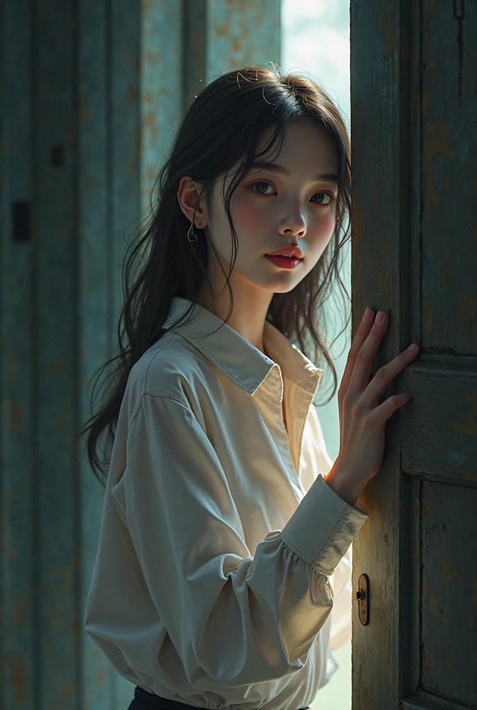 (((best quality))),(((ultra detailed))),(((masterpiece))),illustration,1girl, young,solo, slim,thin,short ponytail,small breasts,flat chest,white collared shirt,shorts,standing,arms behind back,rainy night, heavy rain, drenched clothes, melancholy expression, solitude, tear rolling down cheek, wet hair, empty streets, dimly lit, deserted environment, sound of rain, footsteps, symbol of hope, abandoned, resilience, determination, walking in rain, heartbreak, loss, love fading, loneliness, body language, facial expression, dreary atmosphere, rain-soaked streets, somber mood, viewer engagement,((upper body,from front)),urban scape,night scene
