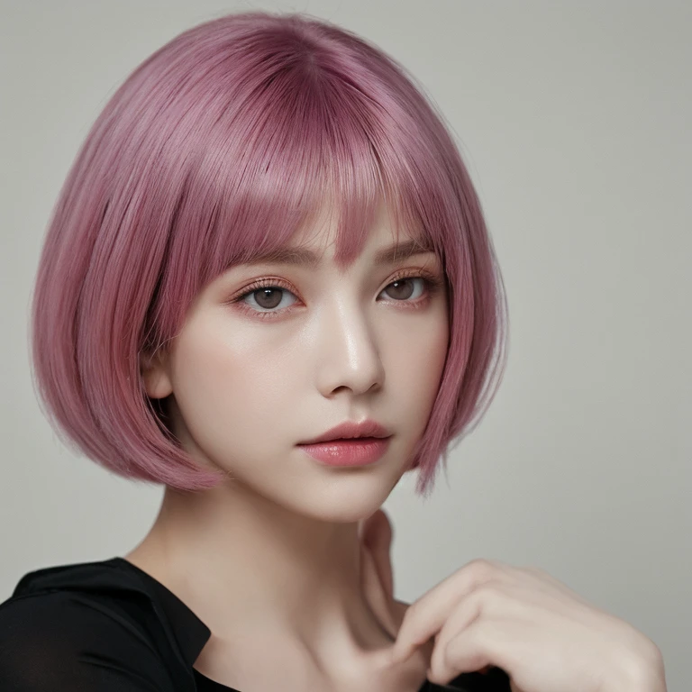 young woman, short shoulder-length pink hair, wide forehead, porcelain skin, pink eyebrows, big emerald green eyes, buttoned nose, full lips, heart-shaped face, slender body, small breasts, red tank top, Sakura Haruno , realistic, realism, details, 3d, well detailed