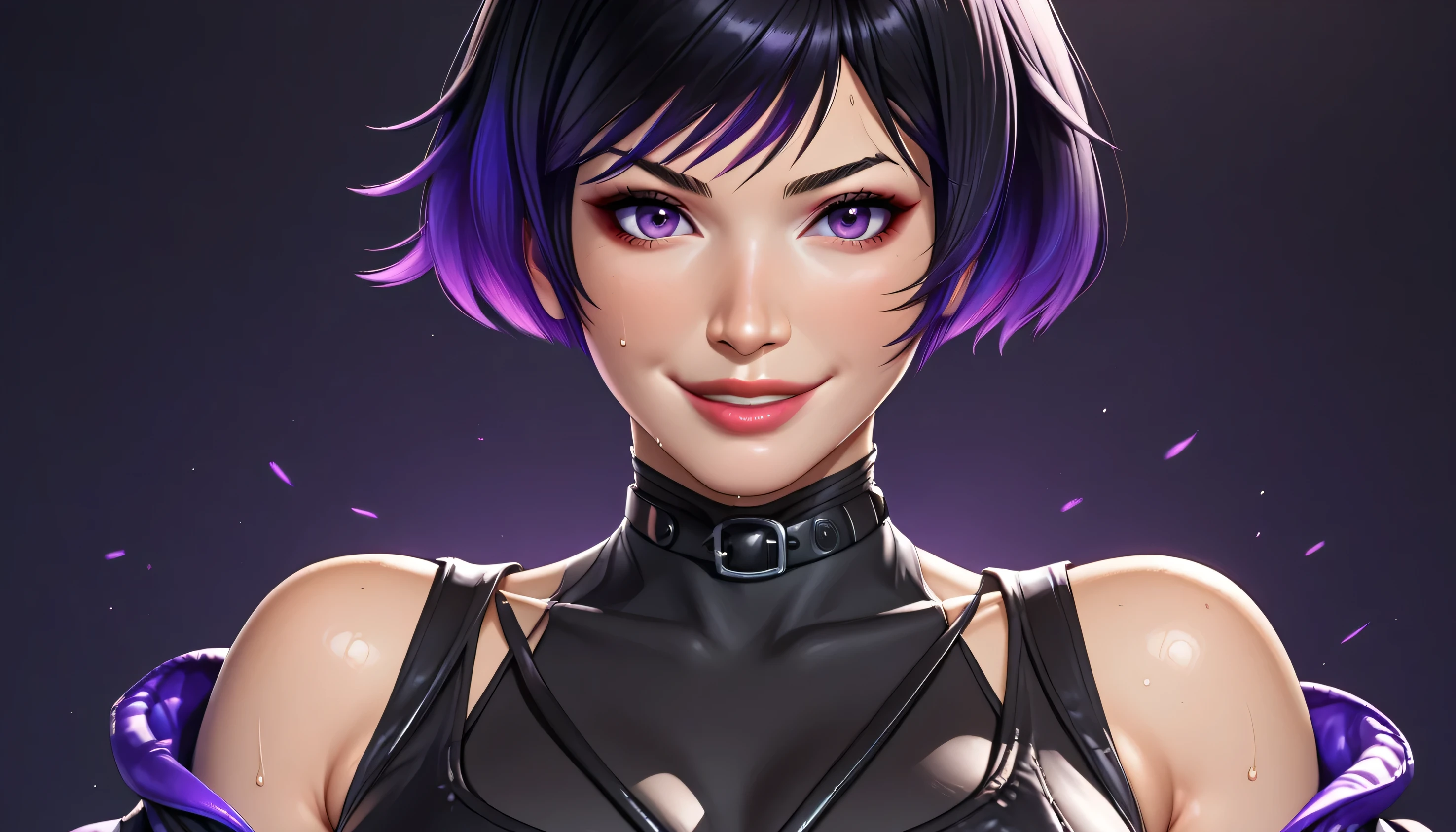 score_9, score_8_up, score_8_up,
reina mishima, reina mishima \(tekken\),reina mishima outfit \(tekken\), 1girl, solo, breasts, looking at viewer, smile, short hair, large breasts, black hair, gloves, bare shoulders, purple eyes, jacket, upper body, purple hair, multicolored hair, sweat, choker, black gloves, fingerless gloves, lips