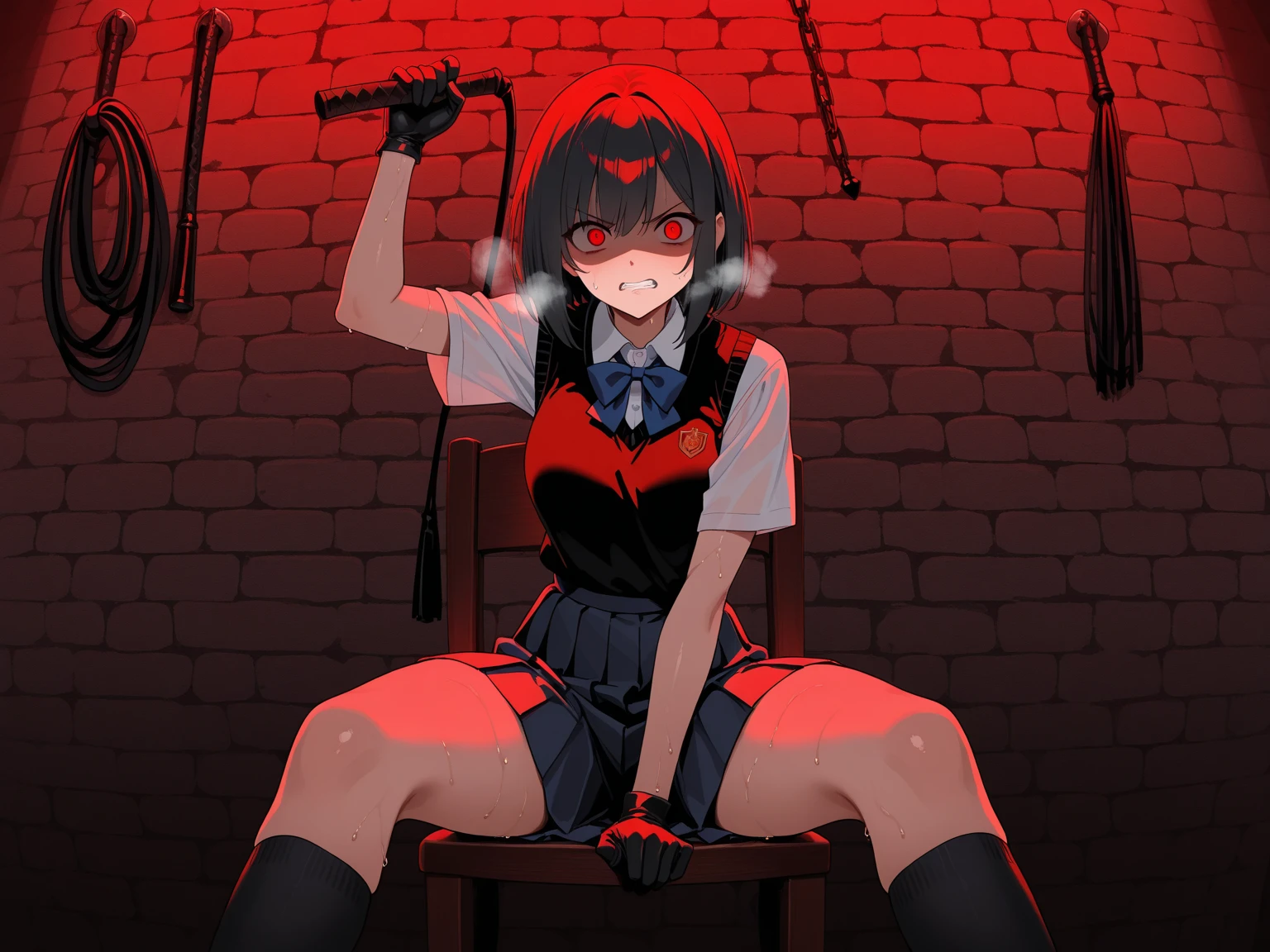 bound arms， Behind the arm， A high resolution， HighestQuali， illustratio， ultra - detailed， （详细的脸）， （Detailed eyes），Best quality at best， ultra - detailed， tmasterpiece，1girll，Cord,Bondage,BDSM,gag,tape gag，horrified expression，Barefoot，struggling，perspire，Hands and feet are tied，In a dimly lit basement，makima \（chainsawman\），（red hair）+（long braid）+（By bangs），Yellow eyes，Golden eyes, eye socket, white  shirt, (tiese)，black long pants