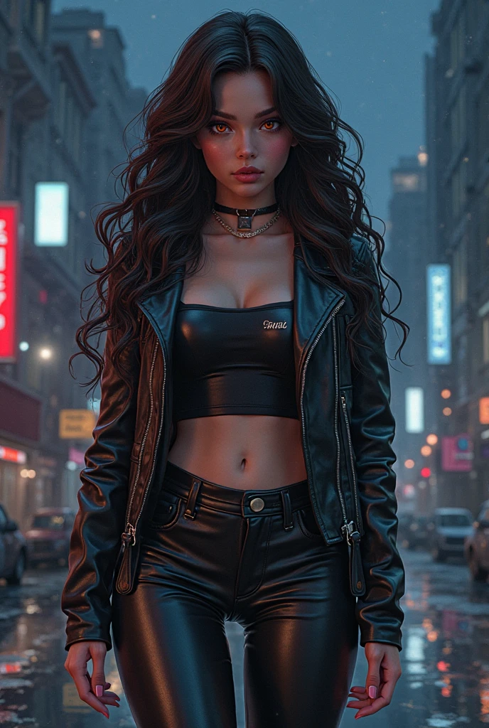 1 beautiful girl. Long curly hair flowing behind her back. Seductive smirk. Tight black jeans. Black crop top. Black High heels. Black faux fur jacket. Hazel coloured eyes. Hands in pockets. One leg crossed infront of the other. Standing in an Edgy urban alley. Modern city. Night time. Illuminated by neon signs from a nearby gas station. Pavement glistening from recent rain. Rain puddles on the pavement.