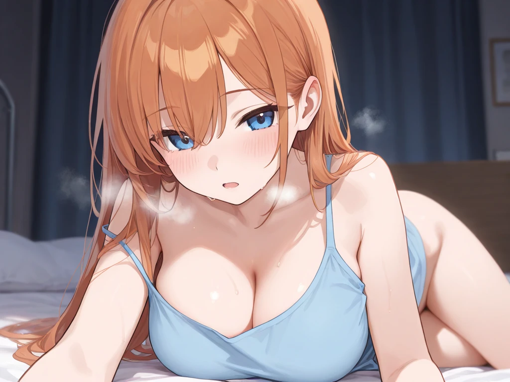 Beautiful girl, one, anime, ginger, bed, girlfriend, tank top, panties, laying down, happy, medium sized tits, cleavage