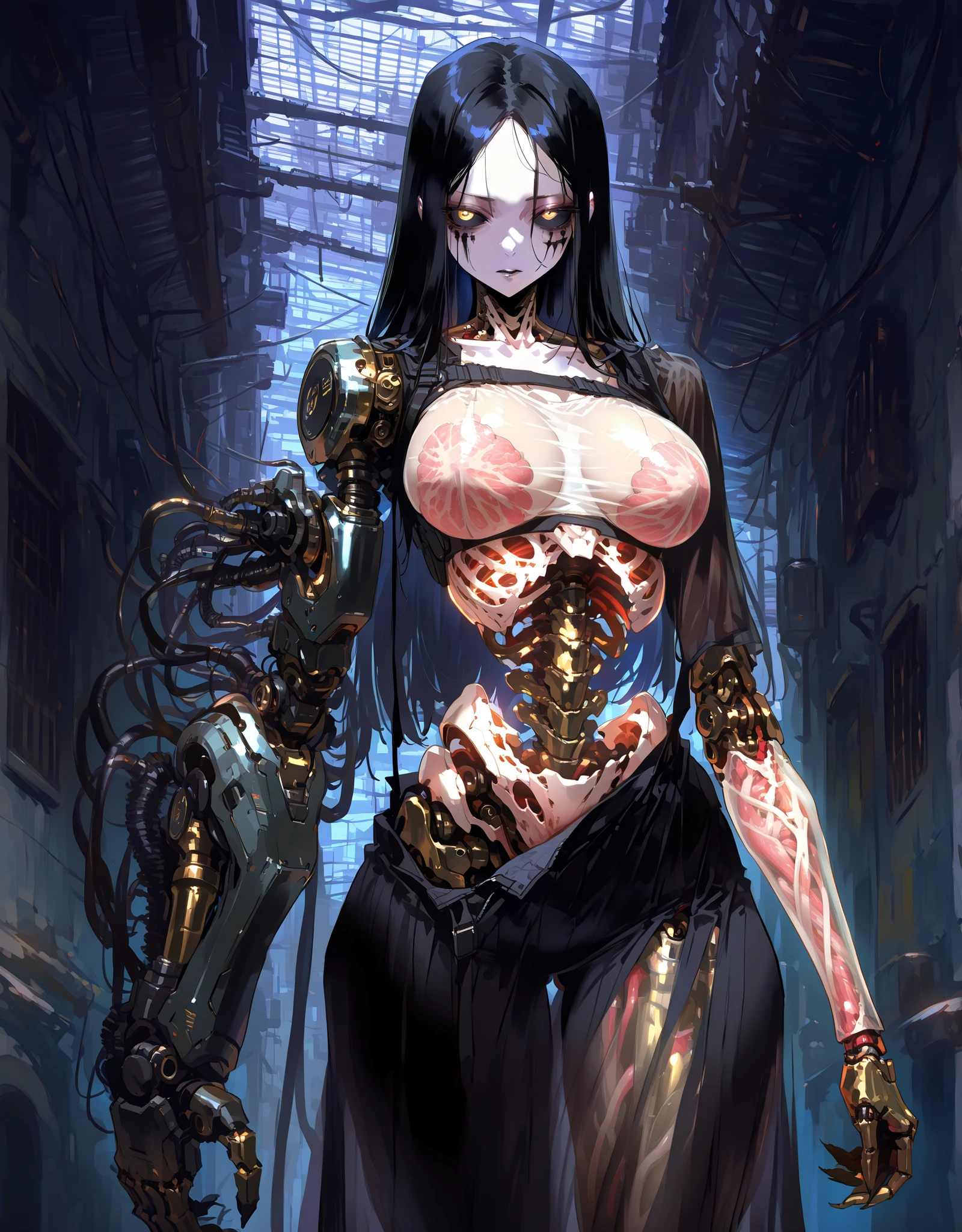 ((NSFW, , best quality, amazing quality, very aesthetic, extremely detailed, intricate details, minute details, detailed background, dramatic cinematic lighting:1.4,incredibly_absurdres, hard light:1.4, masterpiece 8k, vivid colors, rich palette, score_9, score_8_up, score_7_up), bridge, buildings, metal walls, metal roof, Cyborg\(solo, long hair, straight hair, black hair, pale skin, bags under the eyes, parted bangs, big breasts, yellow eyes, black sclera\), gothic style, biomechanical elements, goth, goth look, monster girl, segmented limbs, robot joints, cables and mechanical components, humanoid robot,ciborg,biocyborg, flesh body, visible skeleton, transparent_body, see-through_body, 4 eyes, abo, horror, collarbones, black facial marks, flesh combined with technology, white flesh, cibernetic arm, futuristic combat suit,metal skeleton fused with flesh