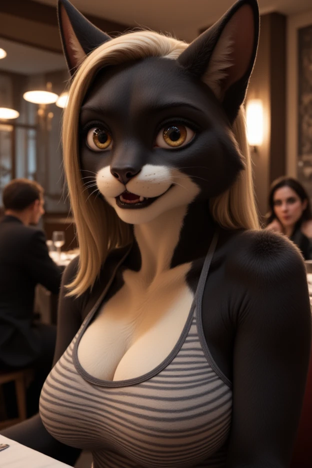 (4k photograph) of a sexy cat woman on a date, (woman's face), (woman's eyes), (woman's eyebrows), (mascara), sexy anthro cat girl, (beautiful woman's eyes), she's sitting in a restaurant, cat ears, (sexy gorgeous feminine face), fuzzy texture, close up, (expressive friendly woman's face), fuzzy black and white skin, She is wearing a tank top. She is wearing a striped tank top. long sleek blonde hair, (hazel eyes), covered in black and white fur, surprised expression, natural breasts, (gorgeous woman's face), (photorealistic), well lit, highly detailed, detailed texture