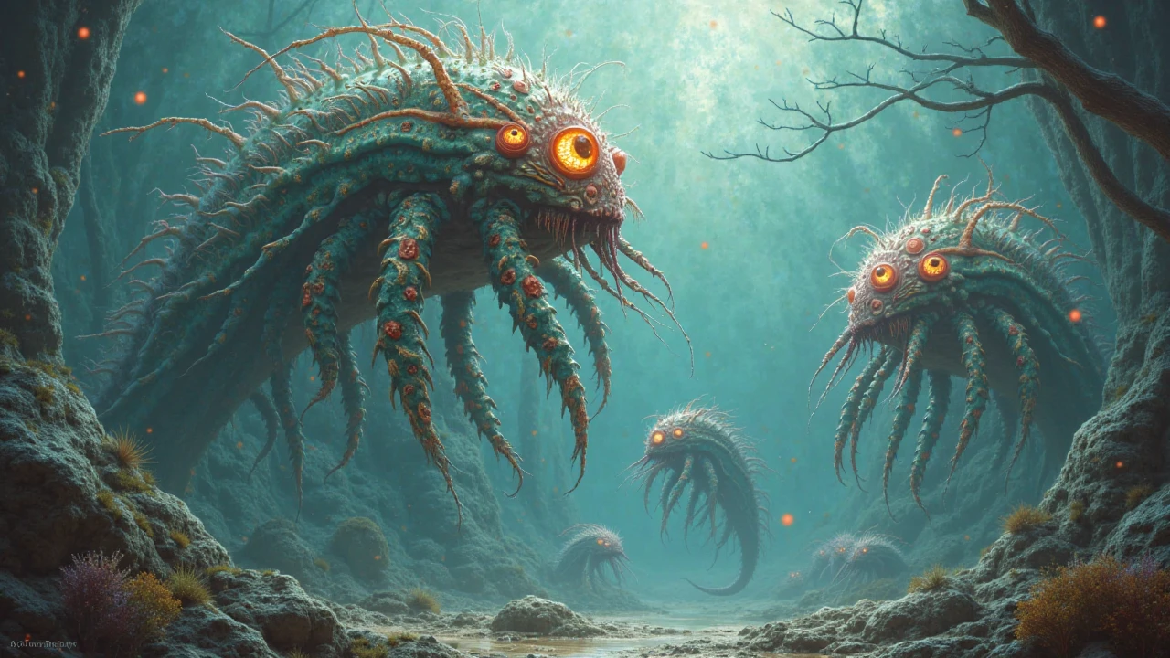 Night swamp monsters dazzled by intense blue light