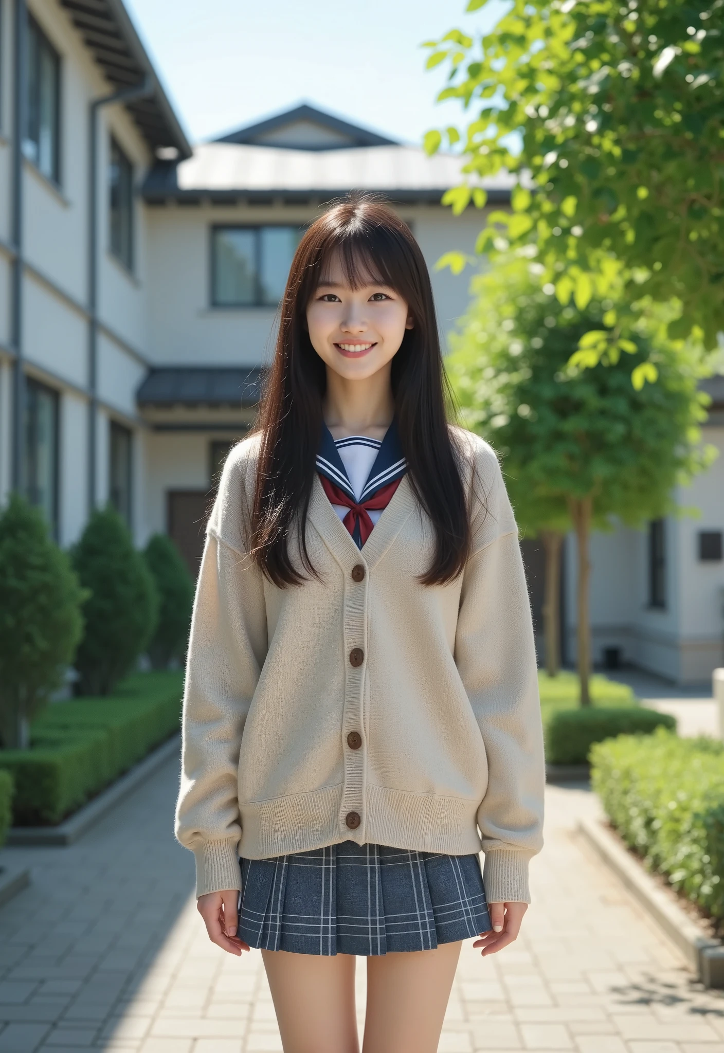 standing in the school yard 、Thin fingers、Japanese high school students、uniform、Mini Skirt、Cardigan、cute face、 long hairstyle due to things、is smiling、full body image