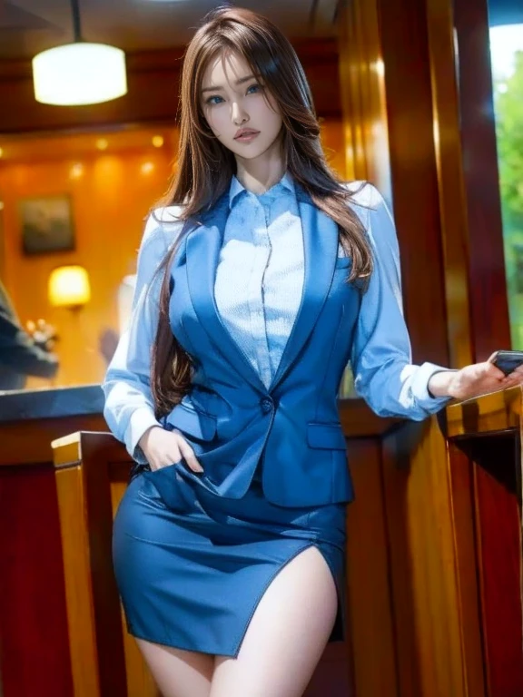 AOC on the floor of the senate showing off her massive fake breasts in a blue power suit. (AOC face) (huge breasts)