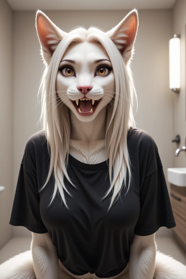 (4k photograph) of a y cat woman in her bathroom, she has her paws on her chest. She has claws. (woman's face), (woman's eyes), (woman's eyebrows), (mascara), sexnthro cat girl, (beautiful woman's eyes), cat ears, (sexy geous feminine face), fuzzy texture, close up, (expressive surprised woman's face), fuzzy white skin. She is wearing a baggy oversized black t-shirt. long sleek white hair, (hazel eyes), covered in white fur, unhappy facial expression, natural breasts, us woman's face), (photorealistic), well lit, highly detailed, detailed texture