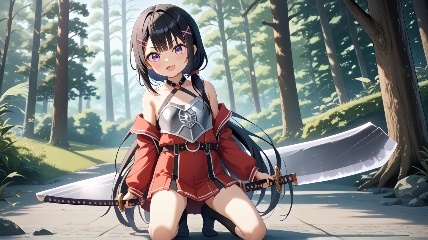 masterpiece, highest quality, Sophia Estido, Barrette, Pink Shirt, corset, Pencil Skirt, stockings, Knee-high boots, standing, ((Holding a sword in his right hand)), Combat pose、Spread your legs、Bend both knees slightly、Quiz Formula, Looking at the audience, rocky coast, big, null, (Squat:1.pread your legs:1.5)、((g white panties))、Gt、Showing off a white bra、Troubled face、climax、Excited、clor eyes、Open your mouth、ahegao、Sword Drawing Technique, Battoujutsu、Red cheeks、Shirt lift、Place your heels on the ground