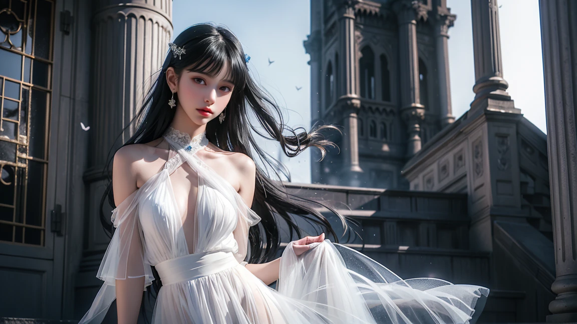 ((Girl standing on the balcony of an old castle))、Fluorescent color、1 Girl、Look to the side、Beautiful Face、Beautiful Eyes、(Off the shoulder:1.2)、Upper Body、Shiny Hair、Glowing Skin、 Reduce glare、Adjusted finger proportions、escrow、ass pov、Dynamic Angle、(((Master Parts)))、(((Highest quality)))、(((Super-detailed))) detailed)、(An illustration)、(detailedな光)、(Very delicate and beautiful)、dramatic_Shadow、Ray_Tracking、reflection、 Ultra-high resolution、((Colorful and black hair mesh girls))、 Her hair flutters in the wind、(big deep blue eyes)、Black-haired woman、 Sparkling butterfly、Black-haired woman、Points of light around the woman、Magical Aura、Green dot、About Auras Nature、超Magical AuraBlack-haired woman,((Off the shoulderの半透明の白いドレス:1.3))、(Sleeveless)、((My skirt is flying up in the wind)),((An old European castle looms in the distance)),((White panties are visible)),