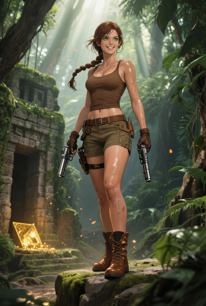 Lara Croft, brown eyes, (best quality, ultra-detailed), (realistic:1.37), beautiful and detailed face, ultra-realistic texture, delicate face, delicate body, red lipstick, bright colors. High definition, 8K, well defined legs