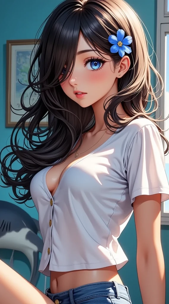 navel, cleavage, (Big chest: 1.2) Features, There is water on the body, Clothes are soaked, ((Ultra mini skirt, Tight body, Public hair is huge, )), White shirt, Tight body, Ultra-thin shirt, (Extra short shirt, heavy rain), Wet clothes, Long hair, Black hair, Wavy hair, Double eyelids, 耳Nipple Ring, No bra, , no underwares, Curved body, Sexy body, Perfect body, ((Realistic lighting, best qualtiy, 8K, tmasterpiece:1.3)), sharp fokus:1.2, 1girll, Beautiful Women with Perfect Figure:1.4, Slim abs:1.1，Ultra-fine face，Fine eyes，二重まぶた，
