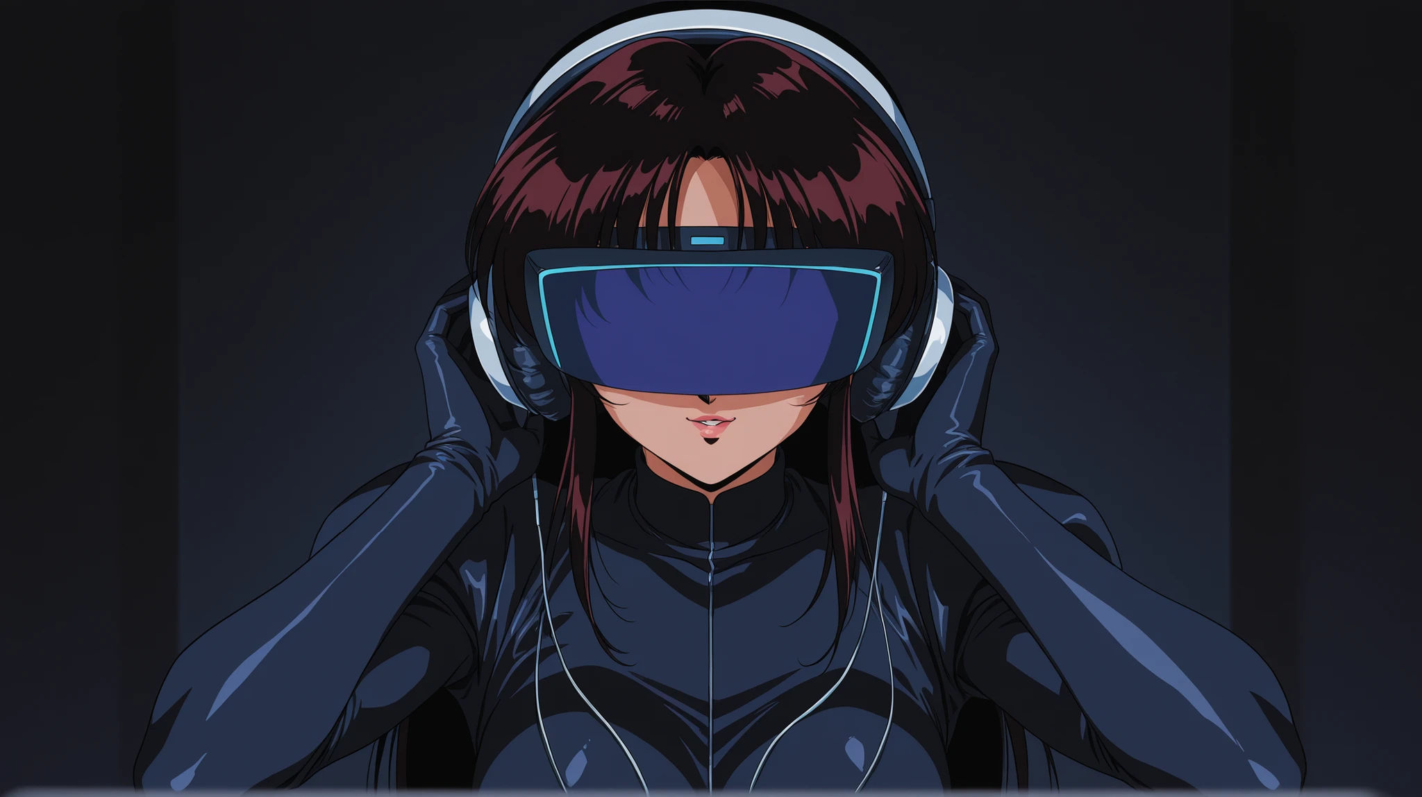 woman using headphones and virtual reality in a dark hall, dark style retro 90s