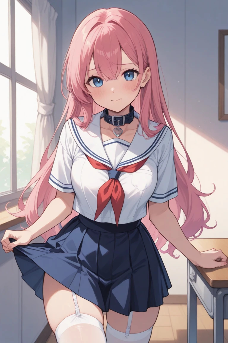 nodokaharamura, nodoka haramura, blue eyes, hair bow, long hair, pink hair, bow,
BREAK blue skirt, kiyosumi school uniform, pleated skirt, school uniform, serafuku, skirt,
BREAK looking at viewer,
BREAK indoors, classroom,
BREAK (masterpiece:1.2), best quality, high resolution, unity 8k wallpaper, (illustration:0.8), (beautiful detailed eyes:1.6), extremely detailed face, perfect lighting, extremely detailed CG, (perfect hands, perfect anatomy),(white panties:1.5), (skrit lift:1.5), standing, small breasts, (short, tiny, little:1.5), blush, embarrassed,from below, cowboy shot, dutch angle